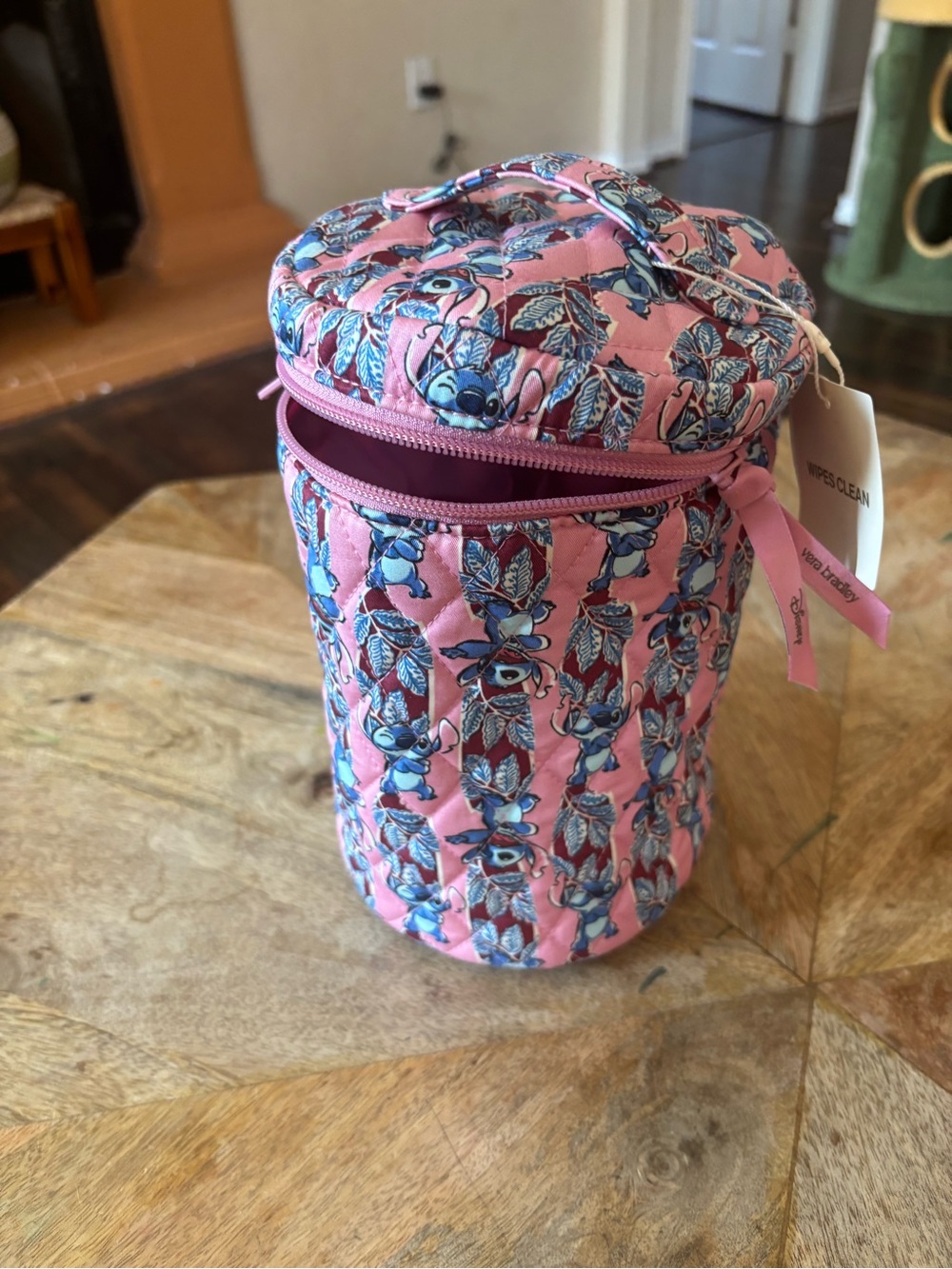 Vera Bradley Pink Quilted Stitch Floral Travel Cosmetic Cylinder